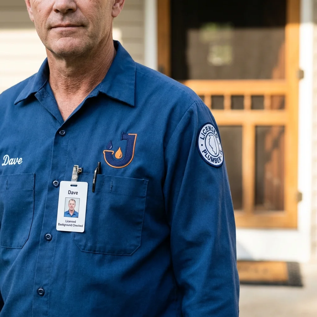 Licensed plumber showing ID badge in Fontana, CA