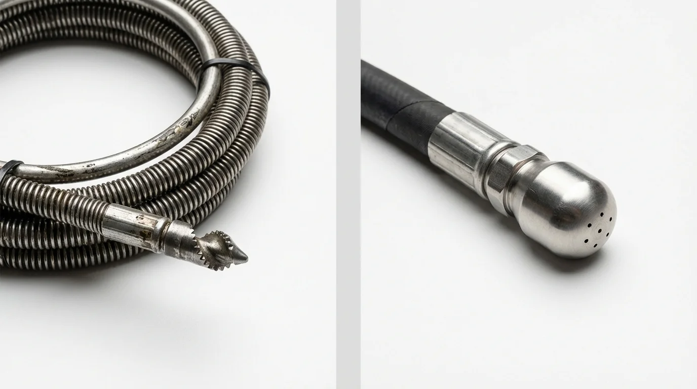 Drain snake cable and hydro jetting nozzle used for drain cleaning in Fontana, CA