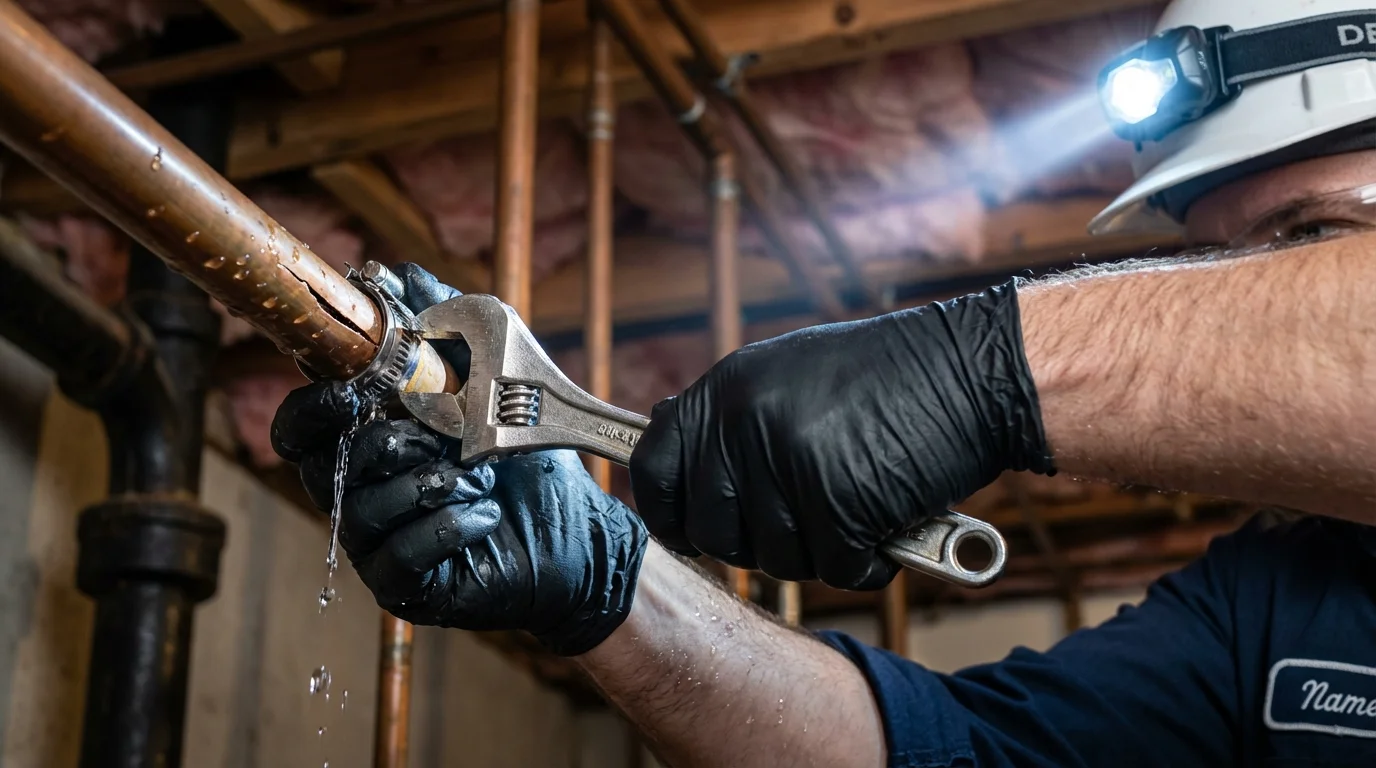 Emergency pipe clamp repair being performed by a Johns Plumbing LLC plumber in Fontana