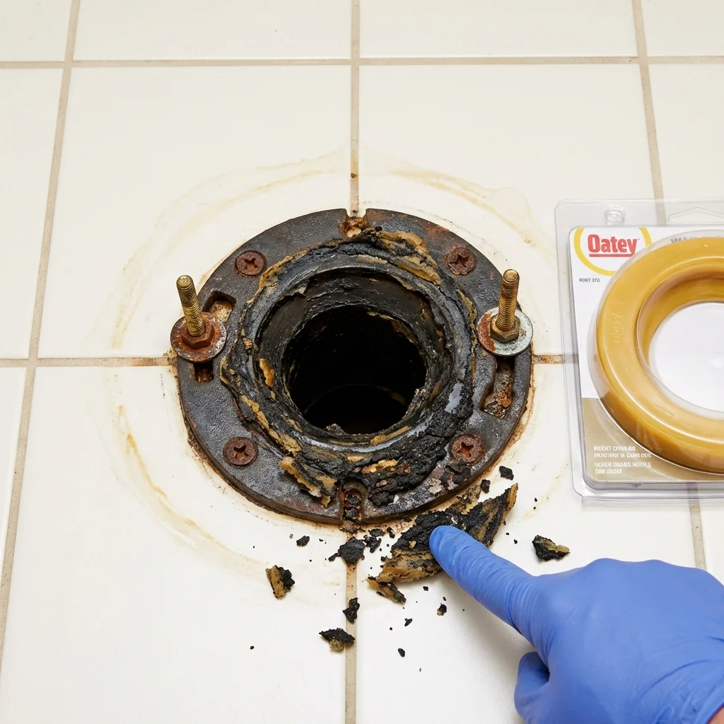 Failed wax ring showing water seepage at the base of a toilet in a Fontana, CA home